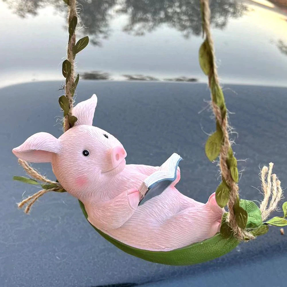 Decorative Piggy Shape Statue Waterproof Pig Swing Sculpture Ornament Lovely Pig Landscape for Outdoor Balcony Patio Tree Decor