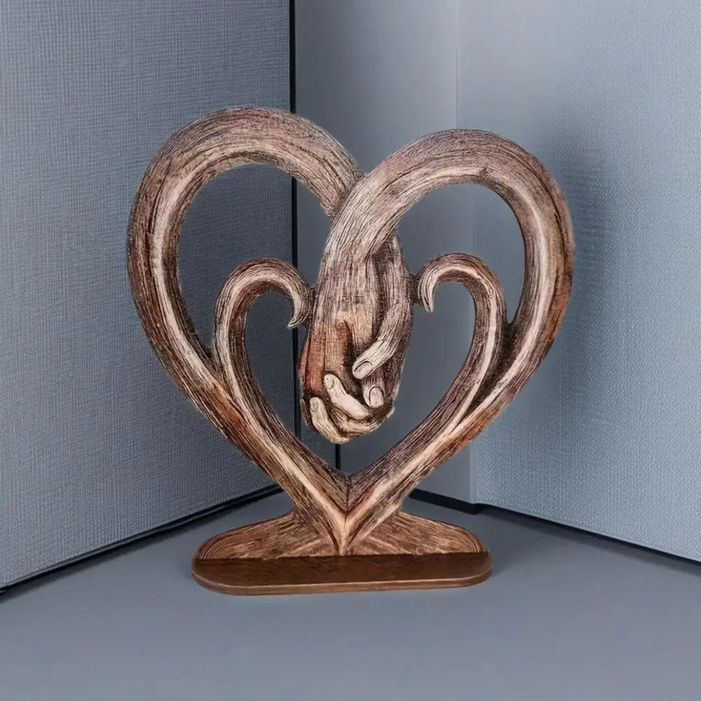 Valentines Day Gift Heart Holding Hands Art Sculpture Desk Decoration Wooden Retro Flat Heart Holding Hands Statue Forever Love