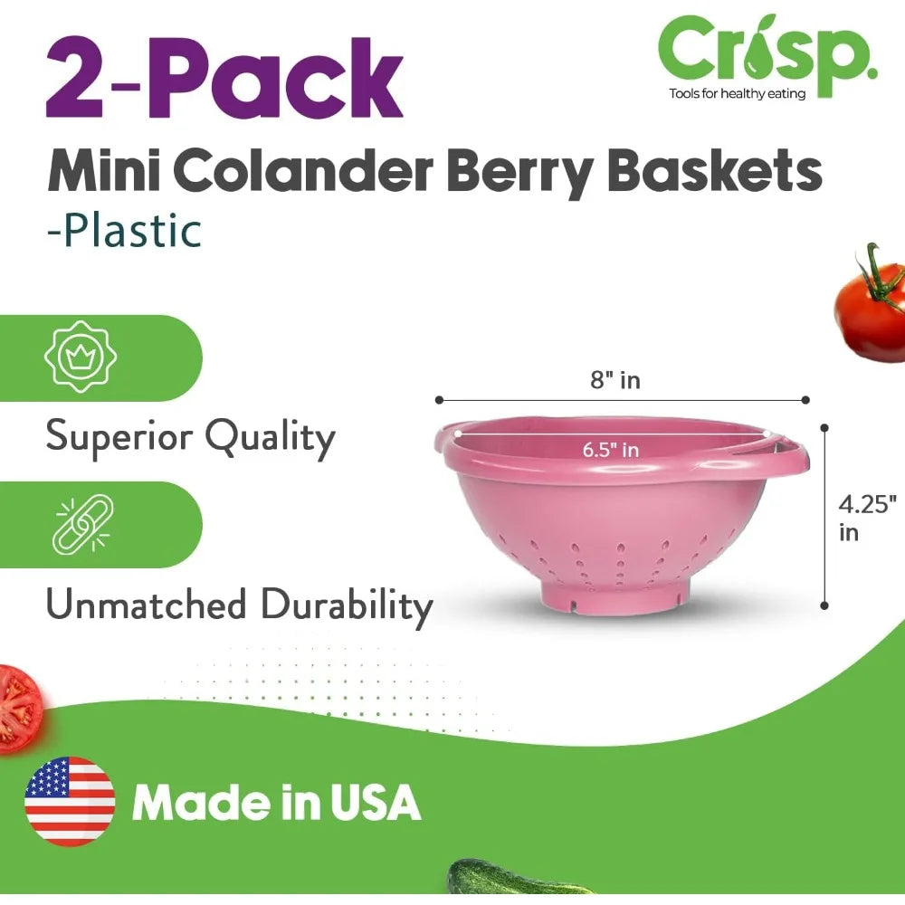 2-Piece Mini Colander Berry Baskets With Handles - Food Strainers For Kitchen - Small Colander For Berries, Strawberry & Grape