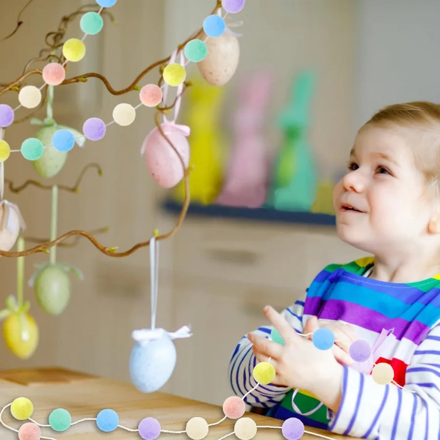 3pk Pastel Pom Pom Garland Easter Decorations Spring Home Decor Indoor Living Room Wall Classroom Xmas Tree Cute Hanging Rainbo