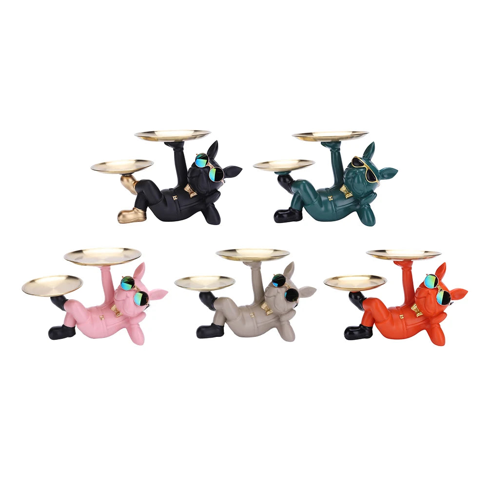 Resin Dog Statue Decor Creative Cute with 2 Tray French Bulldog Sculpture Birthday Gifts Bottom Anti-slip for Home Office Wallet