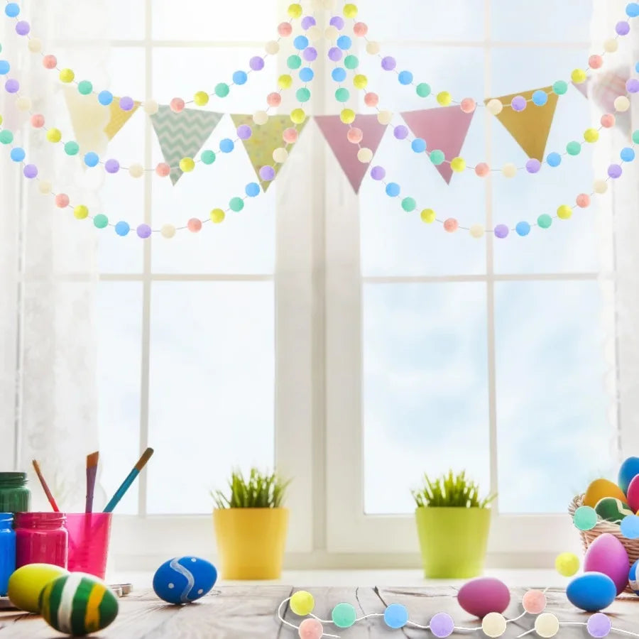 3pk Pastel Pom Pom Garland Easter Decorations Spring Home Decor Indoor Living Room Wall Classroom Xmas Tree Cute Hanging Rainbo