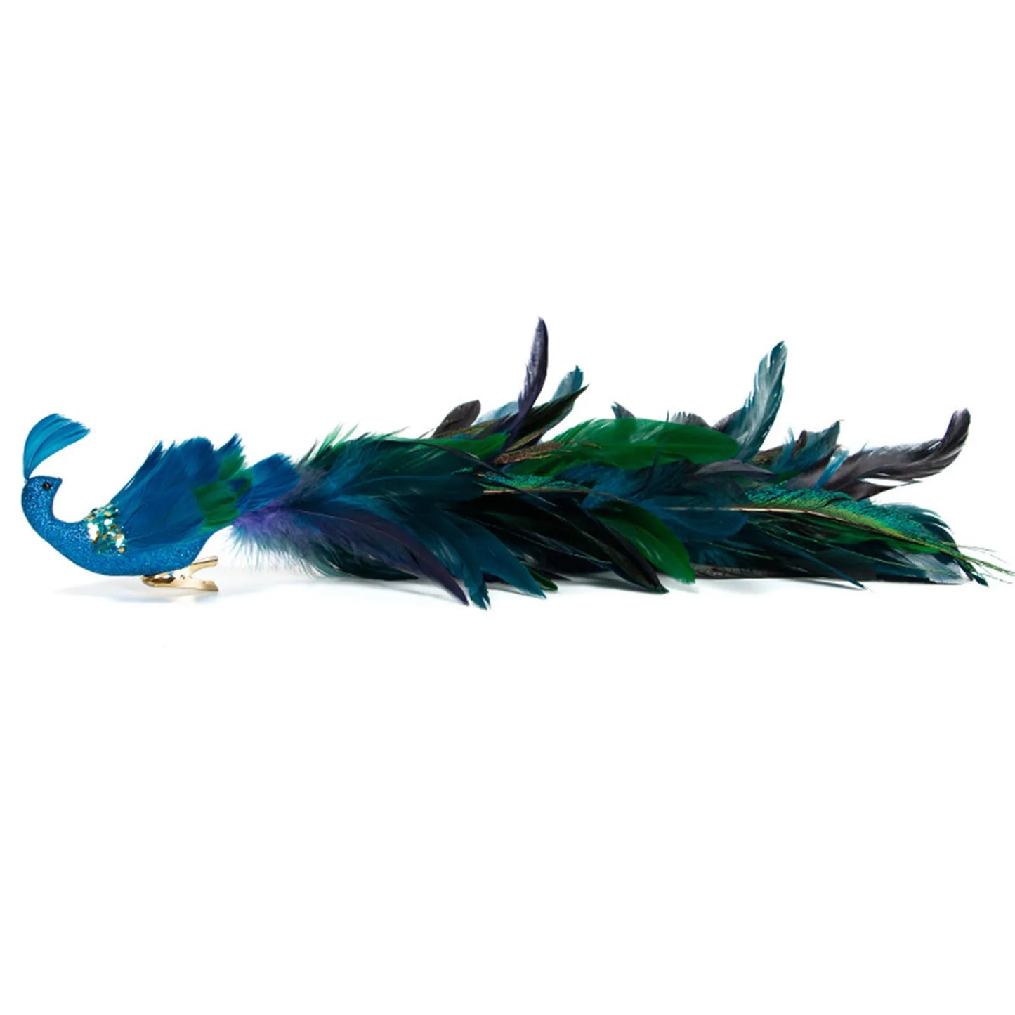 Christmas Decorations Faux Peacock Ornaments Glitter Blue Peacock Ornaments With Tail Feather Clip-On Decor Set For Christmas
