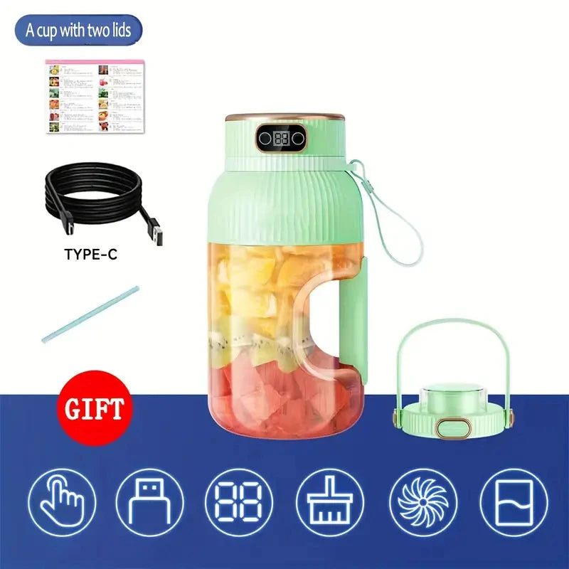 Compact USB-C Rechargeable 40oz Green Juicer Blender with Dual Lids Silicone Straw Quiet Operation and Easy Clean Design