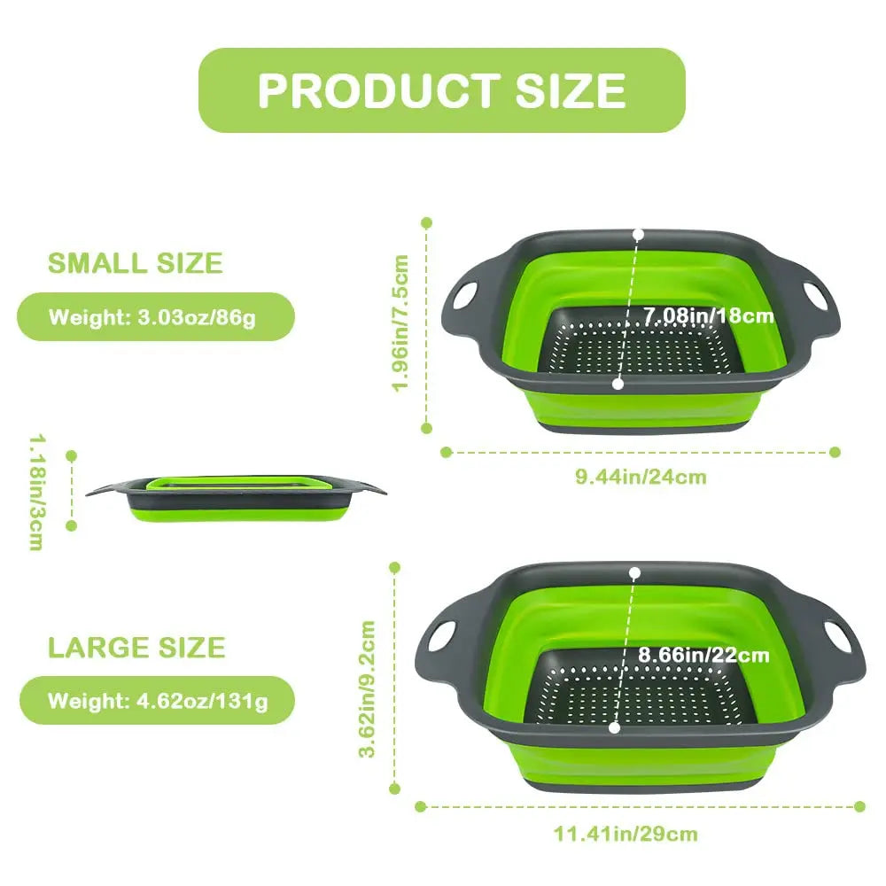 Two-piece foldable square silicone colander set with plastic handles for draining pasta, vegetables, and fruit.