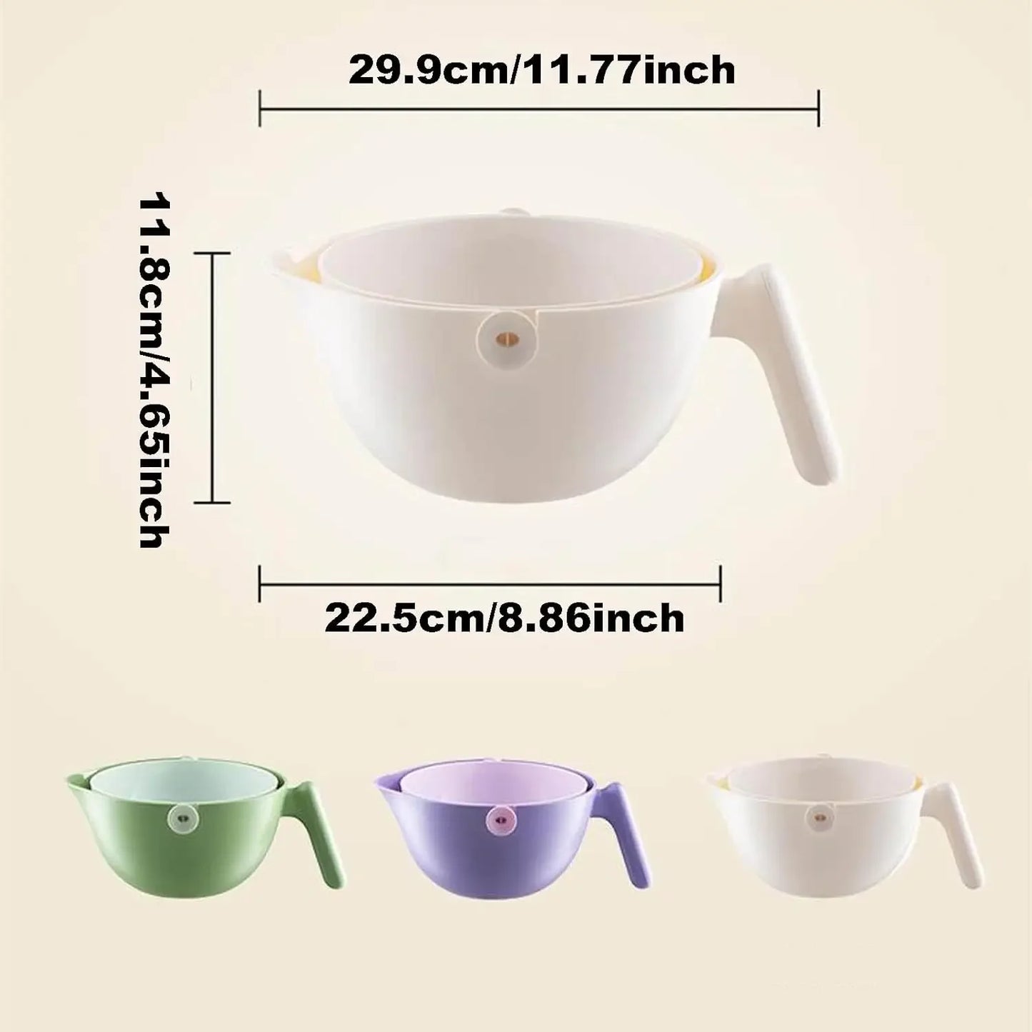 2 in 1 Kitchen Colander Set, Vegetable and Fruit Rotating Cleaning Colander with Handle, for Fruits Vegetables Pasta Noodles Was