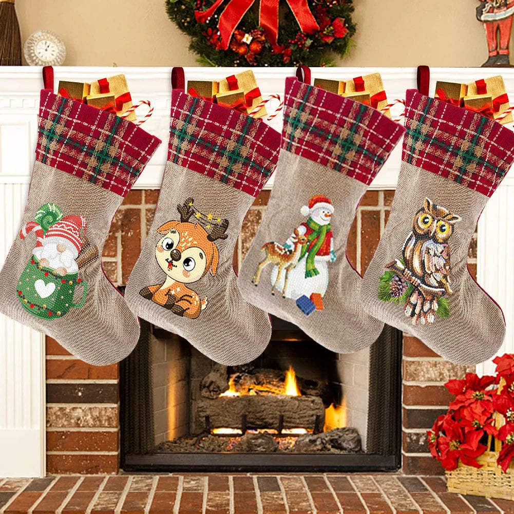 Christmas Decor Diamond Painting Stocking Snowman Diamond Xmas Fireplace Hanging Stockings Owl Pine for Family Party Decorations