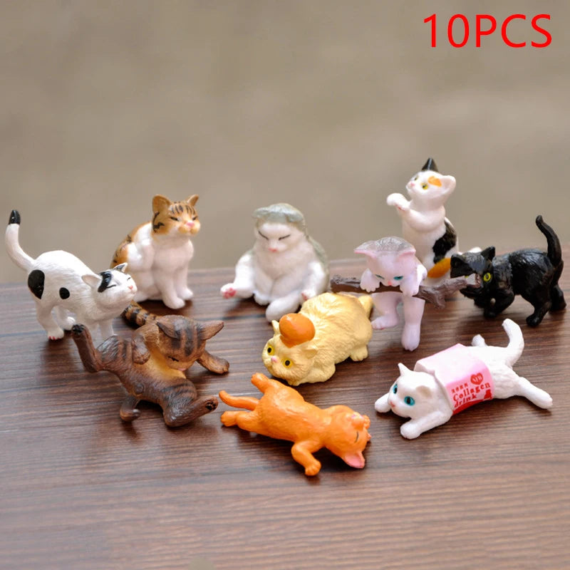 10pcs/set Cute Cat Miniature Ornaments Kitten Figurines Model Birthday Gifts For Kids Children Desk Car Home Decoration