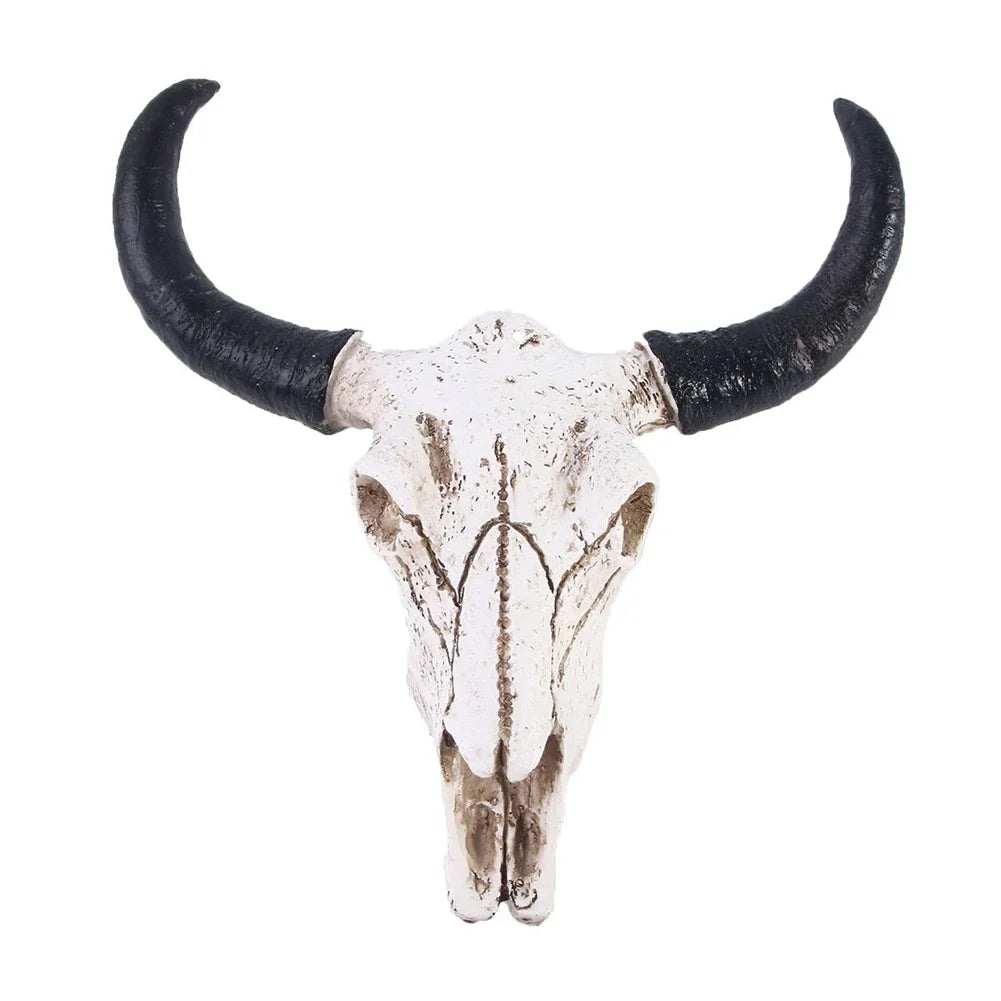 Creative Horns Skull Ornament Resin Longhorn Cow Skull Head Wall Hanging Ornament 3D Figurines Retro Bull Skull Craft Home Decor