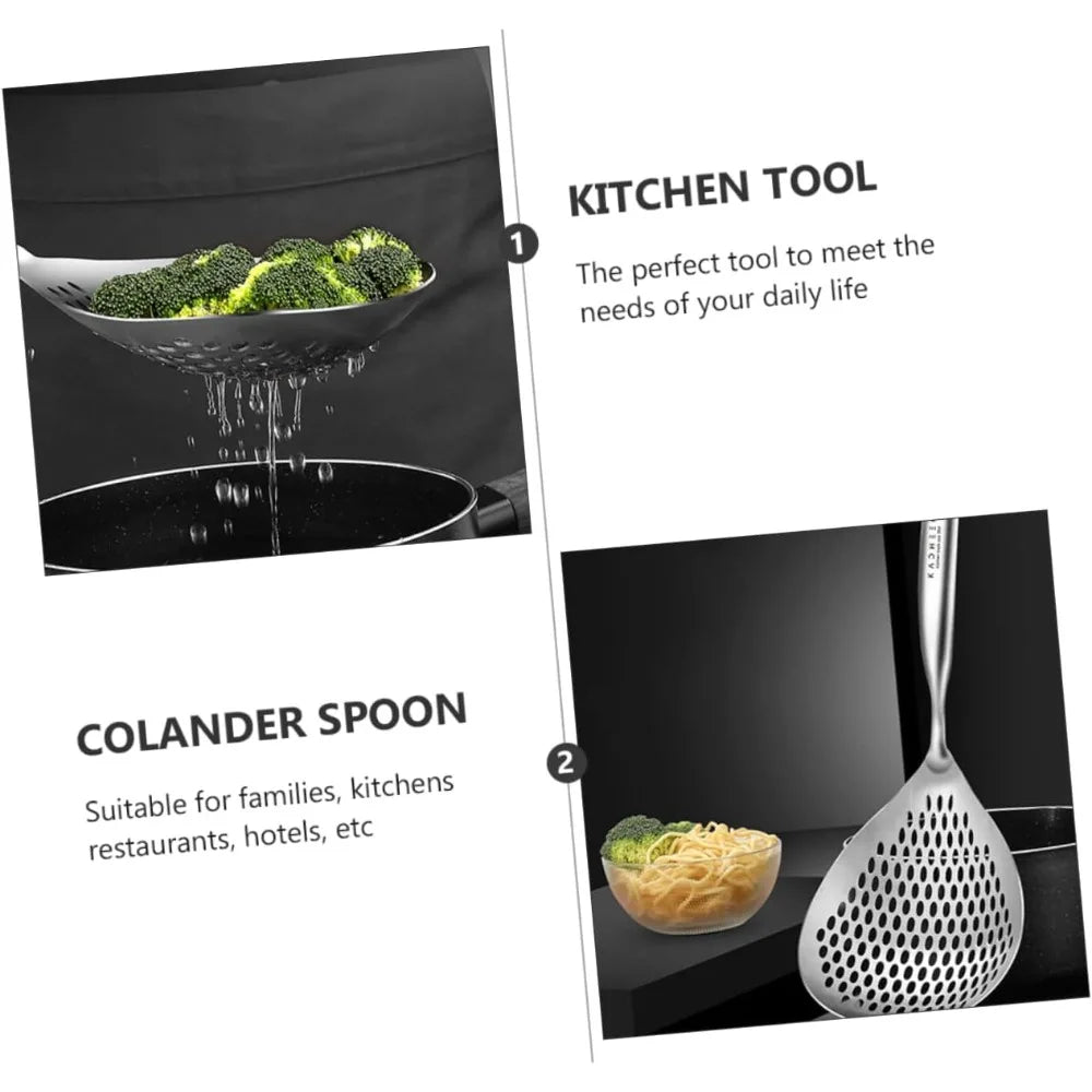 Large 304 Stainless Steel Noodle Colander Spoon Sturdy Kitchen Strainer Comfortable Grip for Home Cooking and Noodle Preparatio