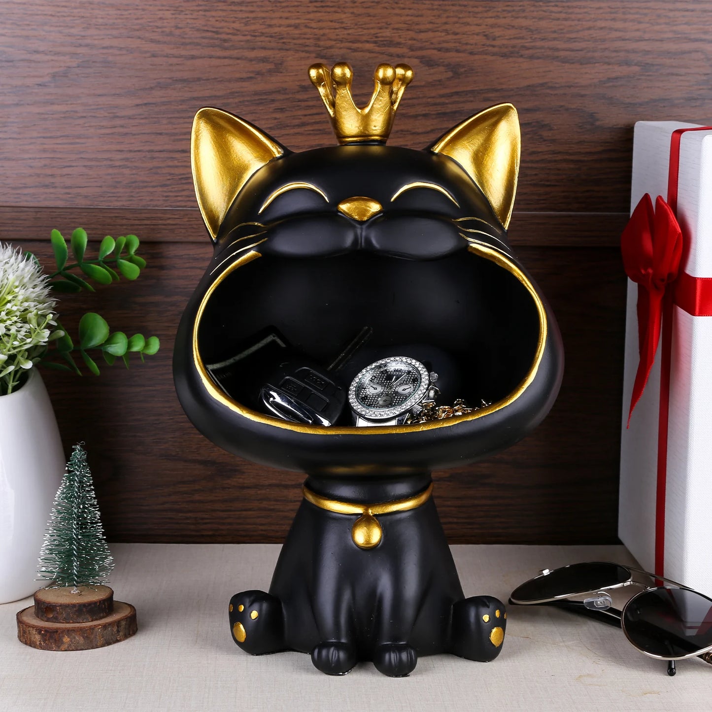 Lucky Cat Statue Decoration Resin Big Mouths Cat Statue Creative Small Items Container Cute Desktop Storage Accessories