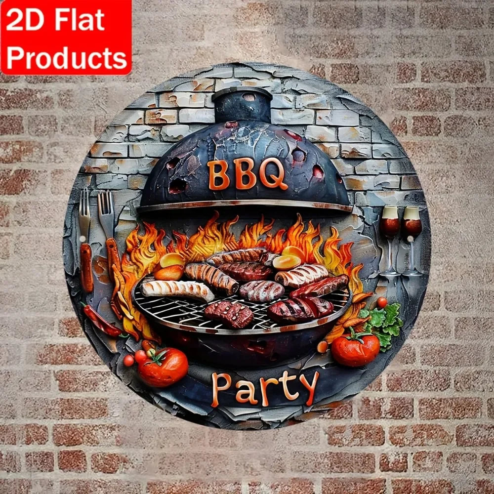 BBQ Party 2D Flat Tin Sign - 8"x8" Vibrant Grill Art, Rustic Porch Camping Decor, Outdoor Themed Gatherings, 1pc