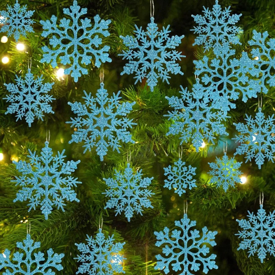 36pcs Christmas Light Blue Snowflake Ornaments Plastic Glitter Snow Flakes Ornaments for Winter Christmas Tree Decorations Size