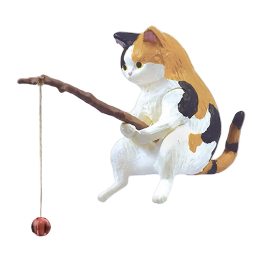 7PCS Cute Fishing Cats Ornament Mini Cat Sitting Figurines Cartoon Fish Landscaping Fish Tank Miniatures Home Decoration Crafts