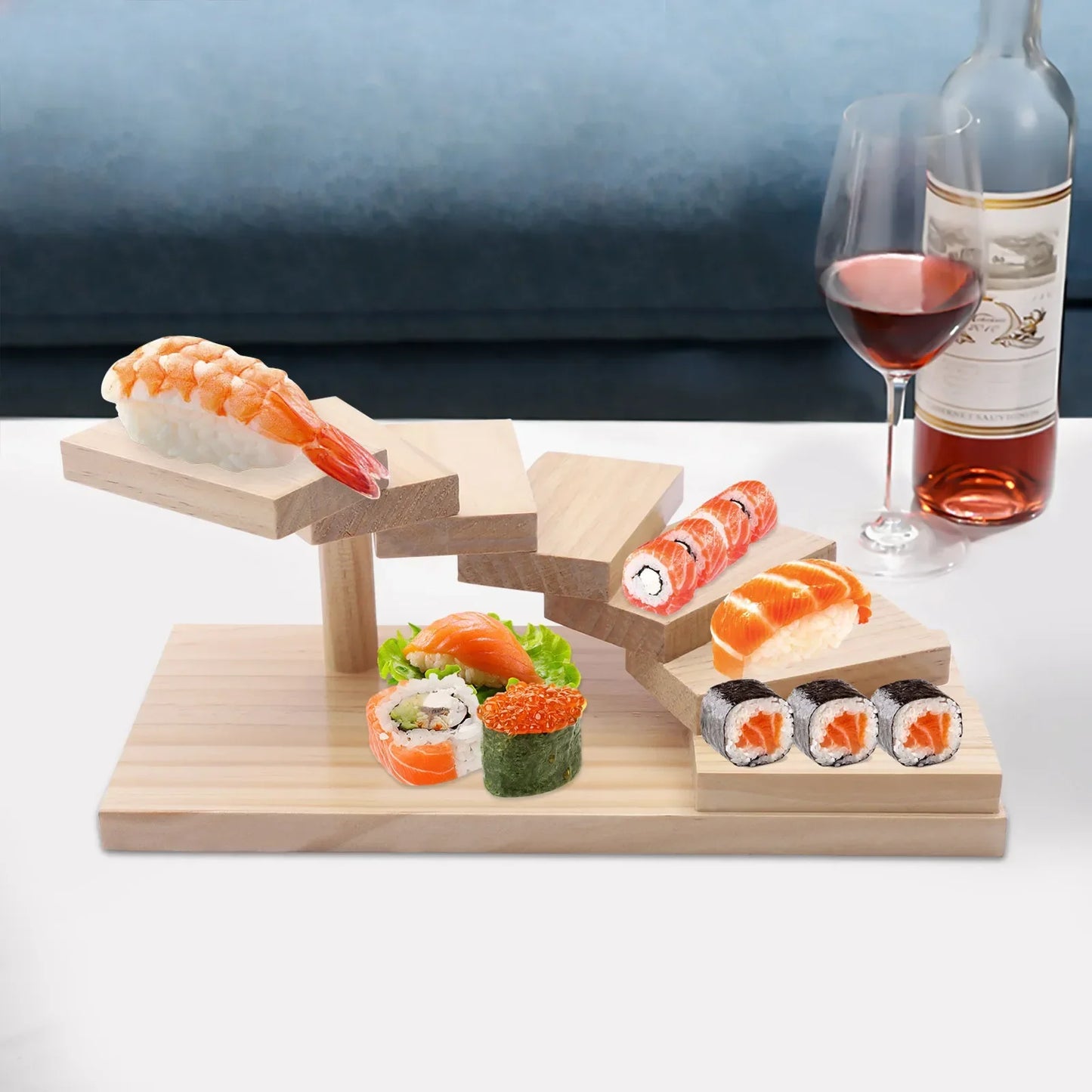 Wooden Multi-Tiered Sushi Platter, 7-Step Sashimi Serving Tray for Wedding Buffet, Decorative Food Display Stand for Kitchen