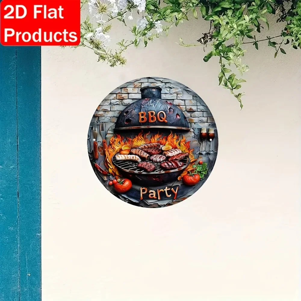 BBQ Party 2D Flat Tin Sign - 8"x8" Vibrant Grill Art, Rustic Porch Camping Decor, Outdoor Themed Gatherings, 1pc