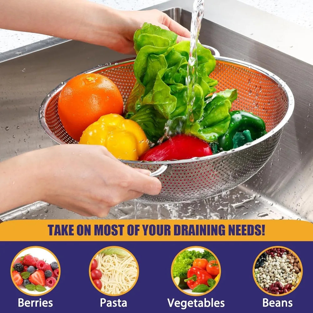 E-far Stainless Steel Colander, 3-Quart Micro-Perforated Metal Colander Strainer with Handle for Kitchen/Draining Pasta/Rinsing
