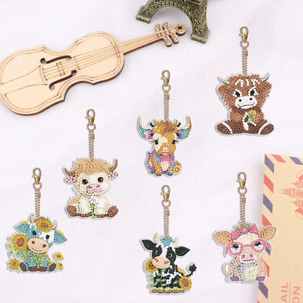 6PCS Double Sided Diamond Art Keyring Baby Elephant Rhinestone Painting Keychain Pendant Puppy for Adult Kid Purse Handbag Decor
