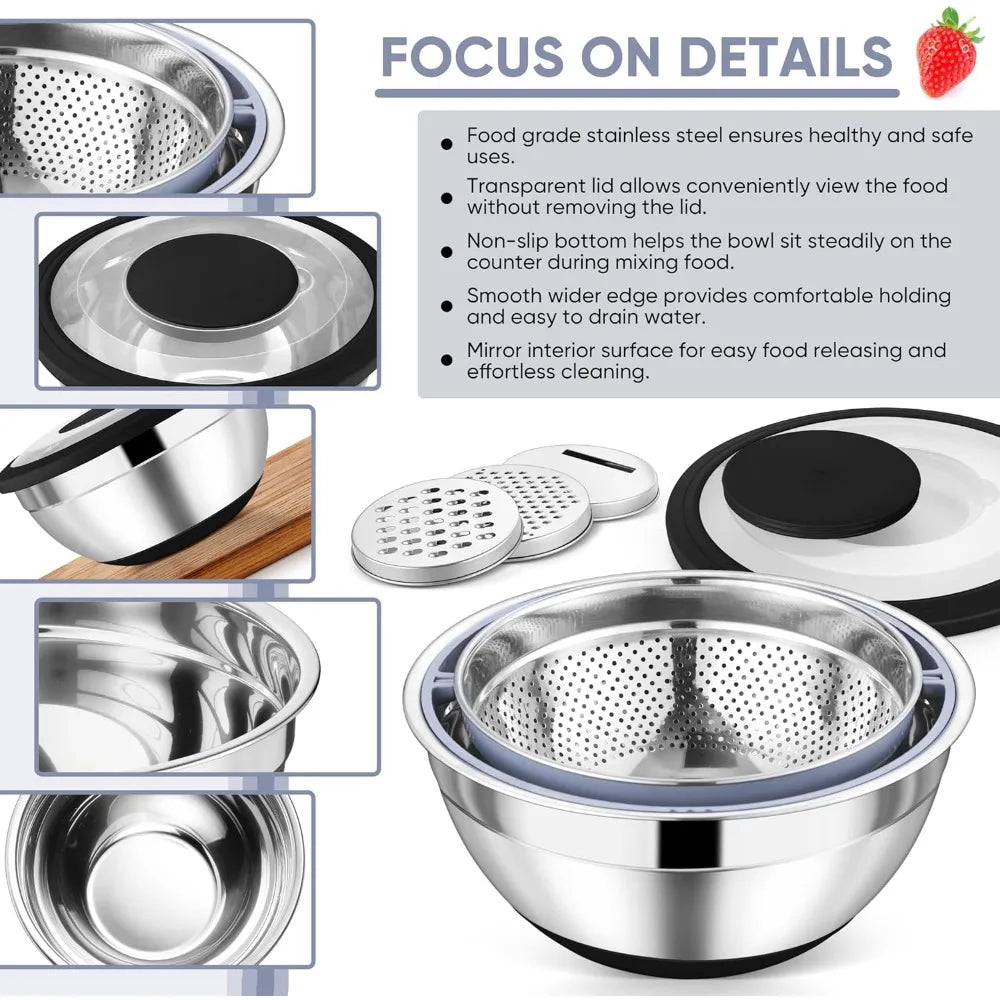 4-1 Colander with Bowl Set, Rotatable Colander for Kitchen, Stainless Steel Food Strainers and Colanders Mixing Bowl with Grate