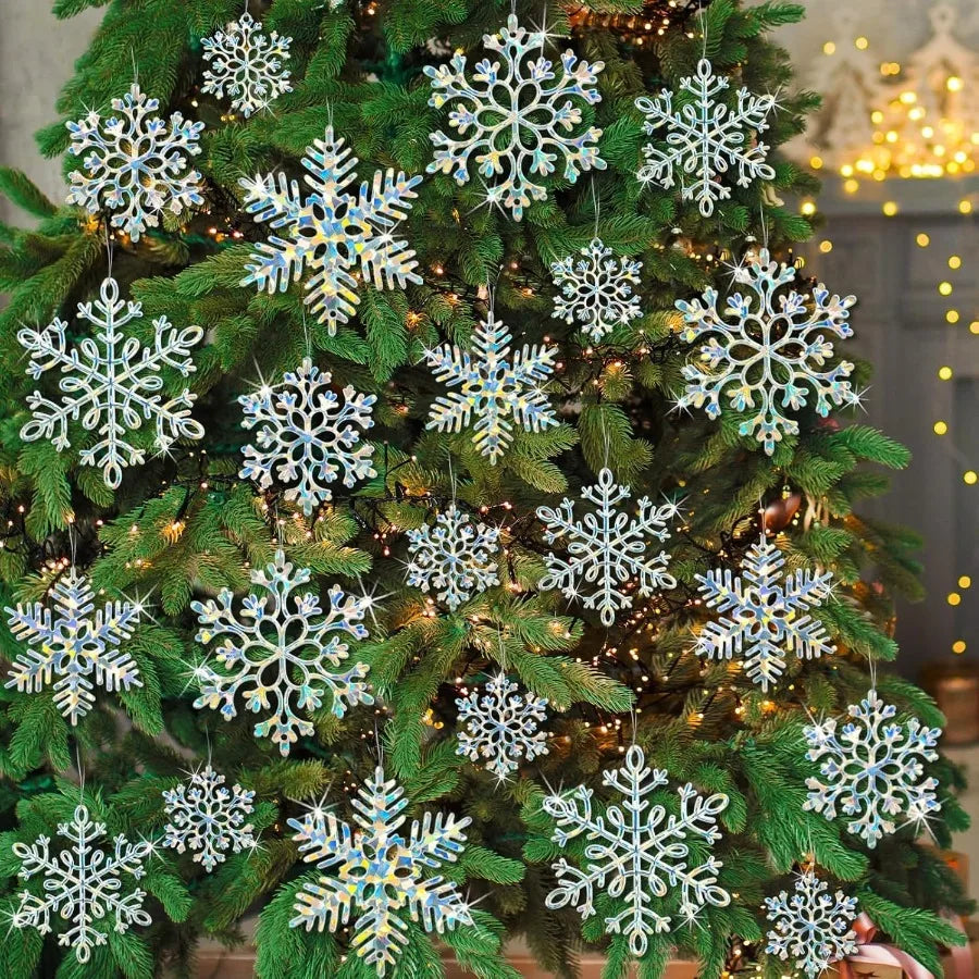 36 Pack Christmas Ornaments Snowflakes Decorations Iridescent Plastic Snowflakes Hanging Decorations for Winter Holiday Christm
