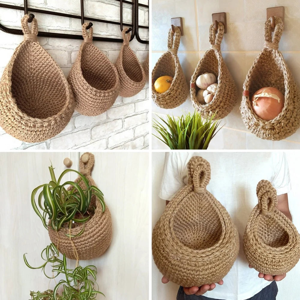 1PC Hanging Fruit Basket Boho Jute Hanging Organizing Baskets Handwoven Decorative Kitchen Fruit Vegetable Storage Baskets