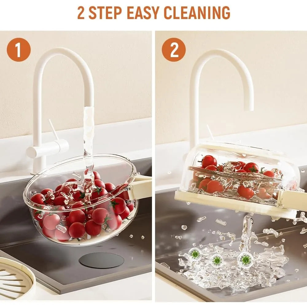 Fruit Storage Containers for Fridge, Bilayer Collapsible Fruit Washing Basket with Cover and Handle, Multifunctional Drain Bowl