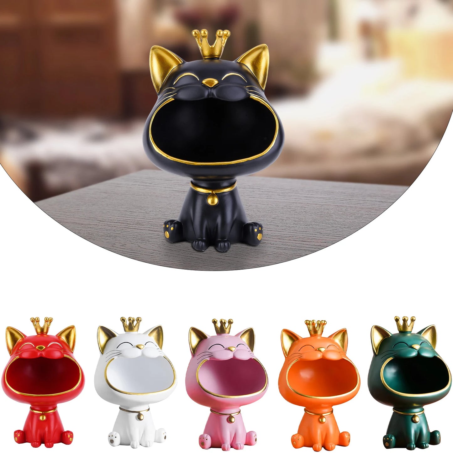 Lucky Cat Statue Decoration Resin Big Mouths Cat Statue Creative Small Items Container Cute Desktop Storage Accessories