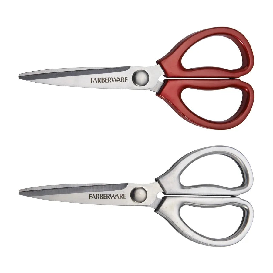 Classic 2 Piece Stainless Steel Kitchen Shear Scissor Set with Metallic Finish and Vibrant Red Handles for Efficient Cutting Pe