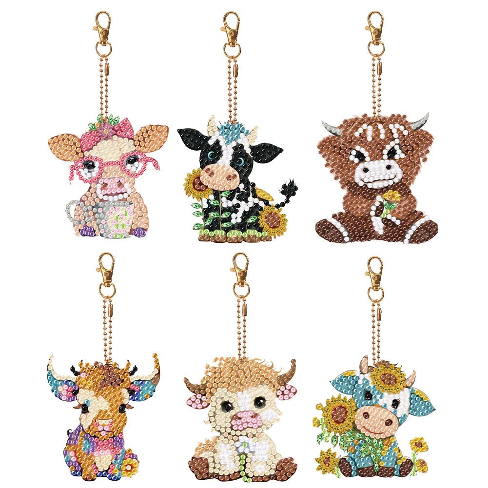6PCS Double Sided Diamond Art Keyring Baby Elephant Rhinestone Painting Keychain Pendant Puppy for Adult Kid Purse Handbag Decor