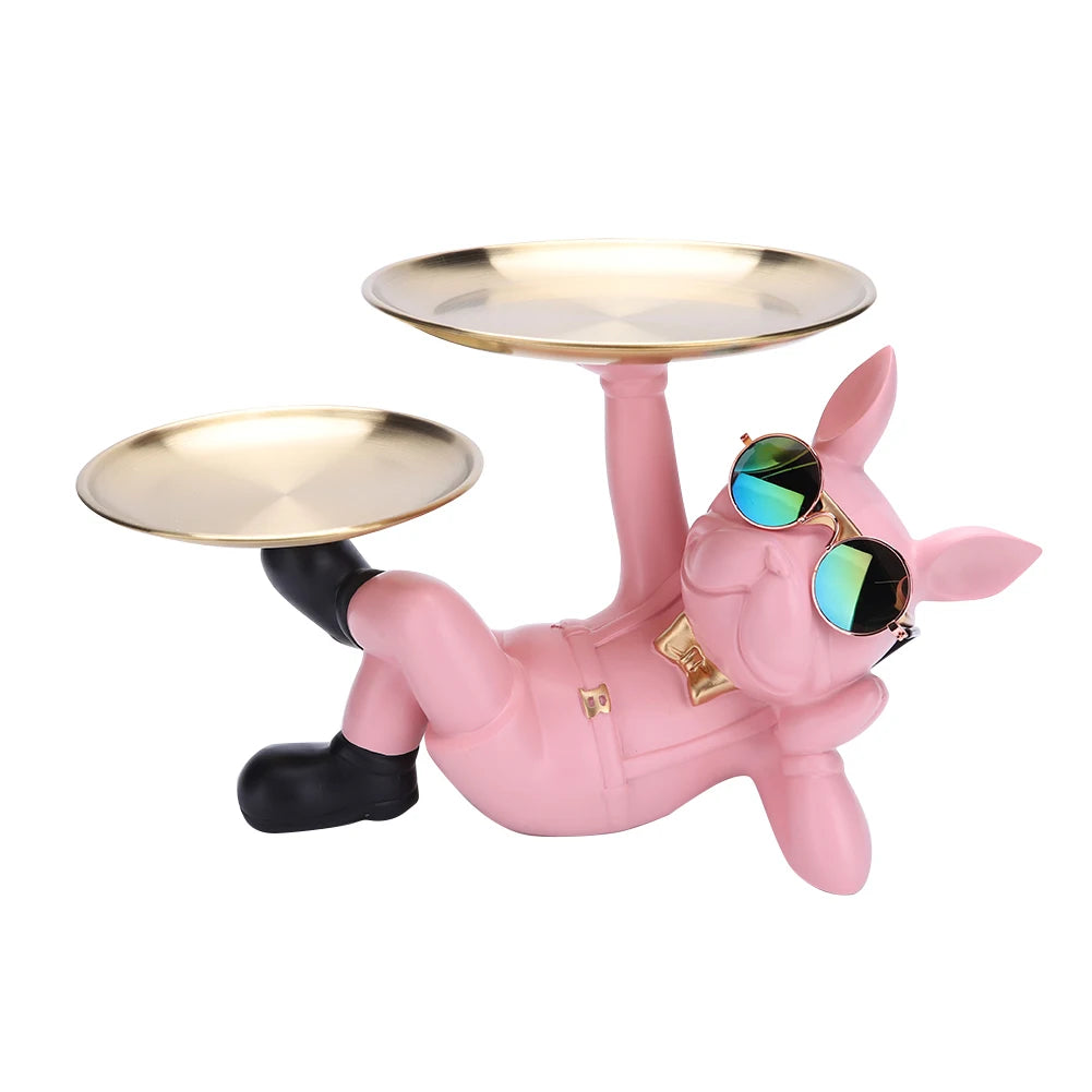 Resin Dog Statue Decor Creative Cute with 2 Tray French Bulldog Sculpture Birthday Gifts Bottom Anti-slip for Home Office Wallet
