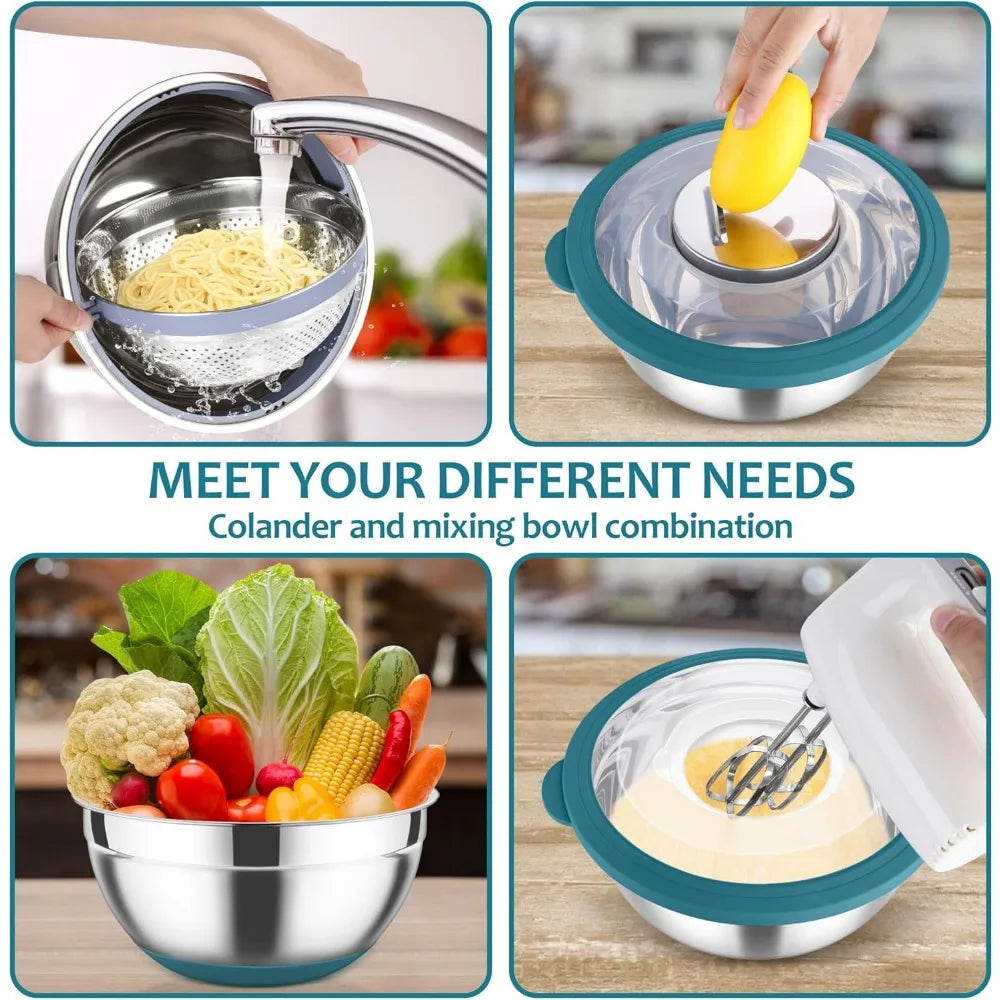 E-far Colander with Mixing Bowl Set, 4-1 Stainless Steel Colander Strainers Bowl with Graters for Kitchen, Rotatable Food Strain