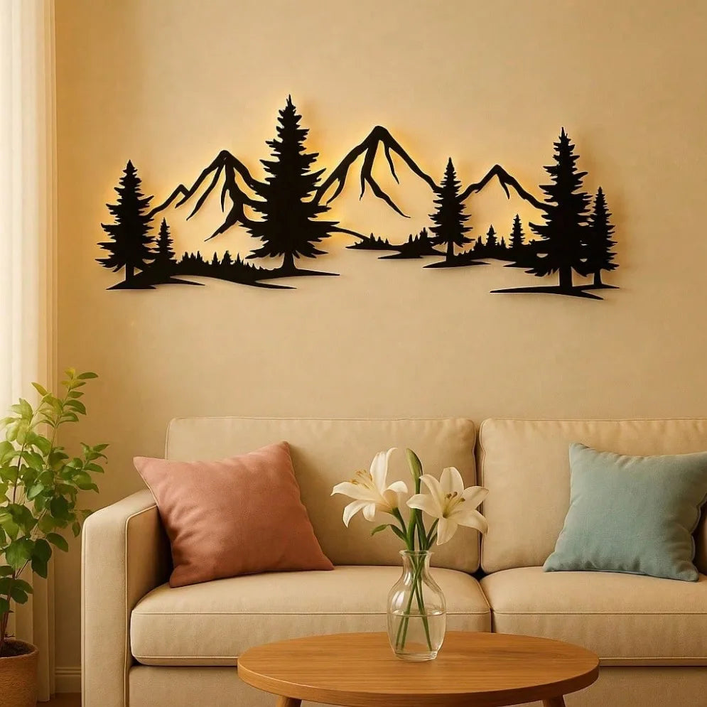 1PC Mountain and Forest Metal Wall Art – Black Modern Farmhouse Decor for Living Room & Bedroom | Nature-Inspired Rustic Hanging