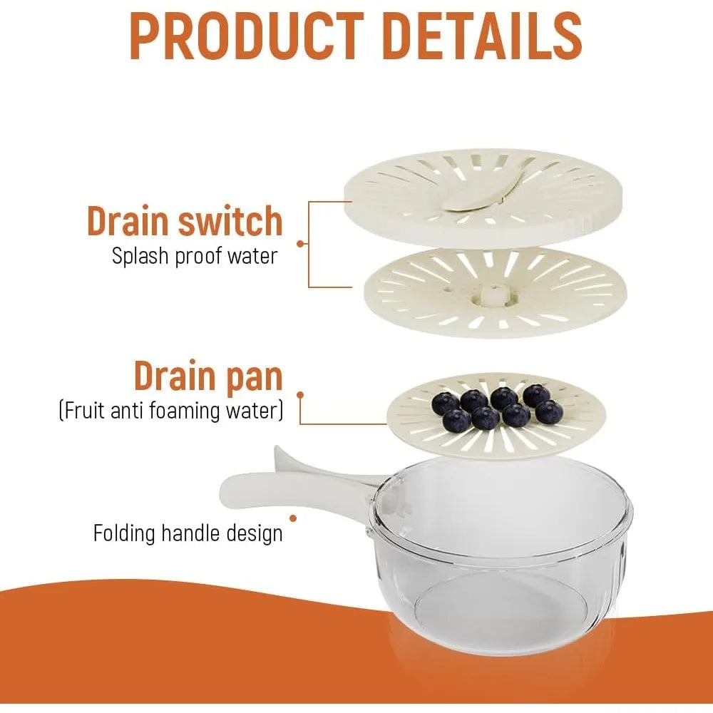Fruit Storage Containers for Fridge, Bilayer Collapsible Fruit Washing Basket with Cover and Handle, Multifunctional Drain Bowl