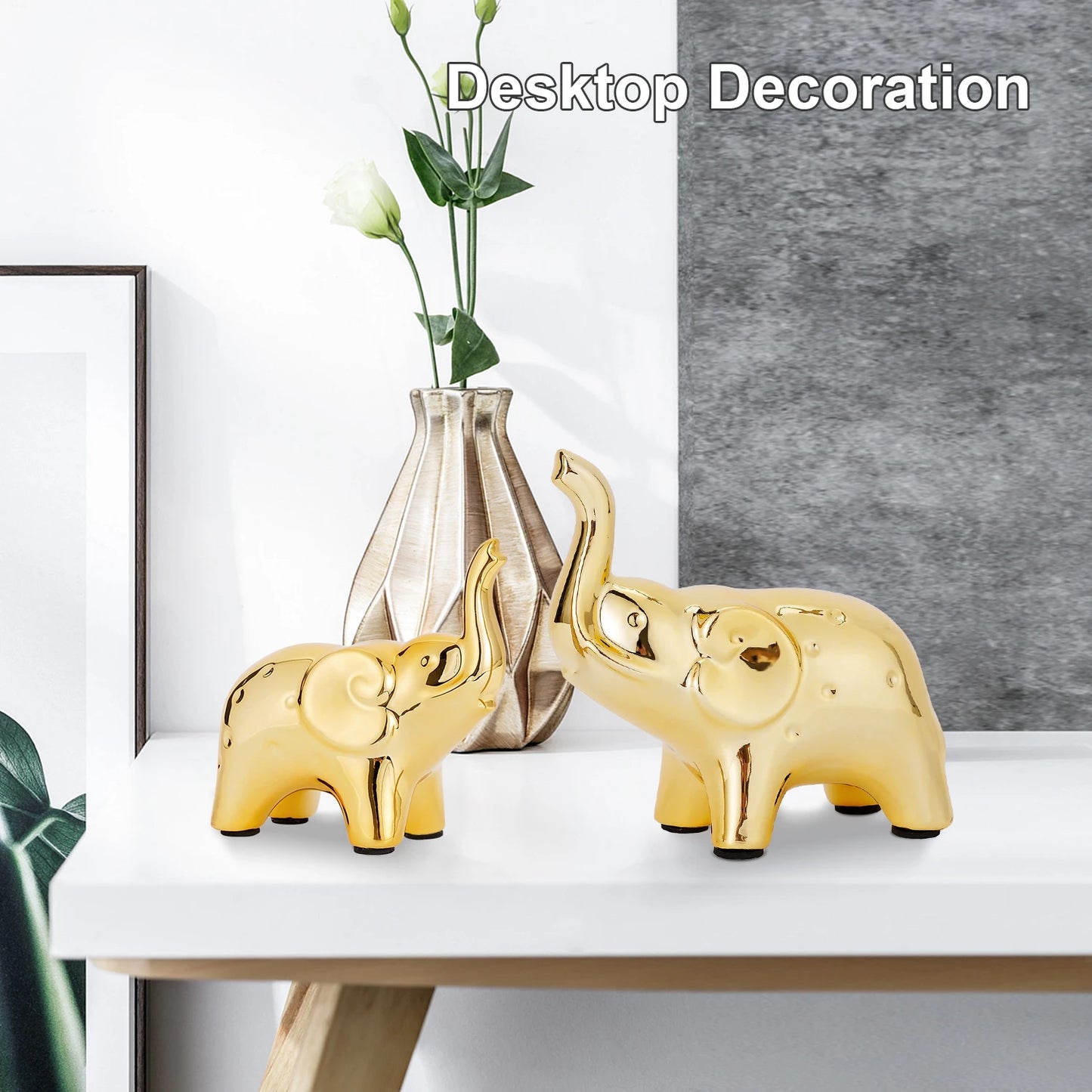 A Pair Golden Resin Elephant Sculpture Craft Elegant Elephant Trunk Sculpture Lucky Wealth Figurine Crafts Ornaments Home Decor
