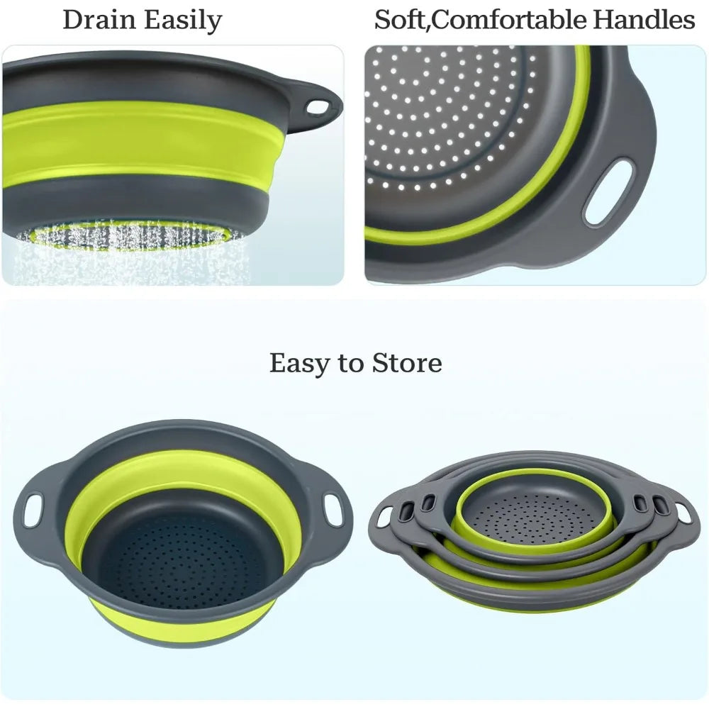 Collapsible Colander 3-Pack Set Space-Saving Foldable Kitchen Strainer with Non-Slip Base Durable Thickened PP+TPE Collapsible S