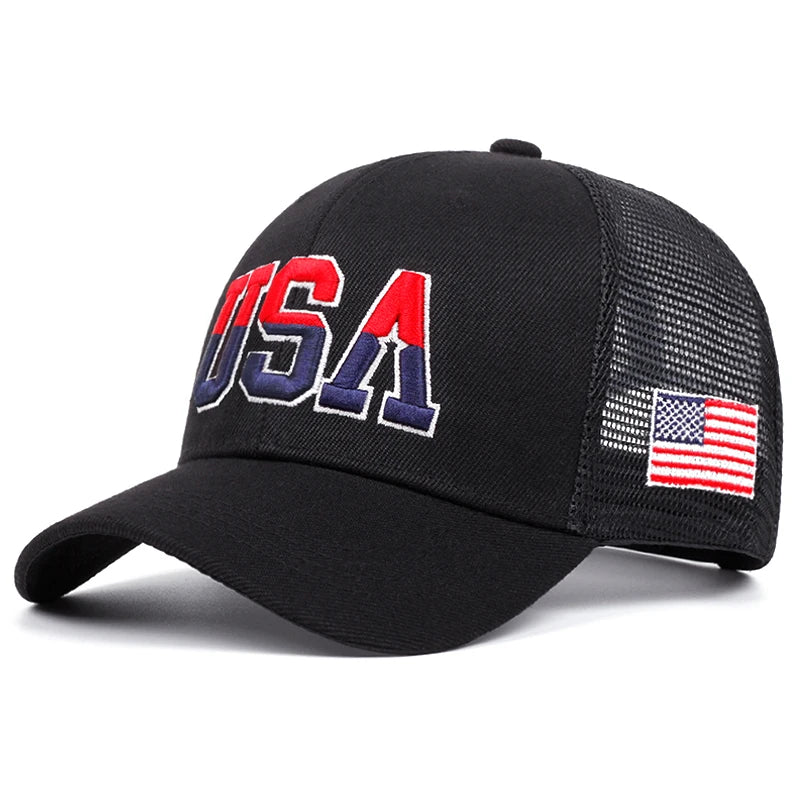 USA Baseball Hat Cotton Mesh Adjustable Side Embroidered American Flag