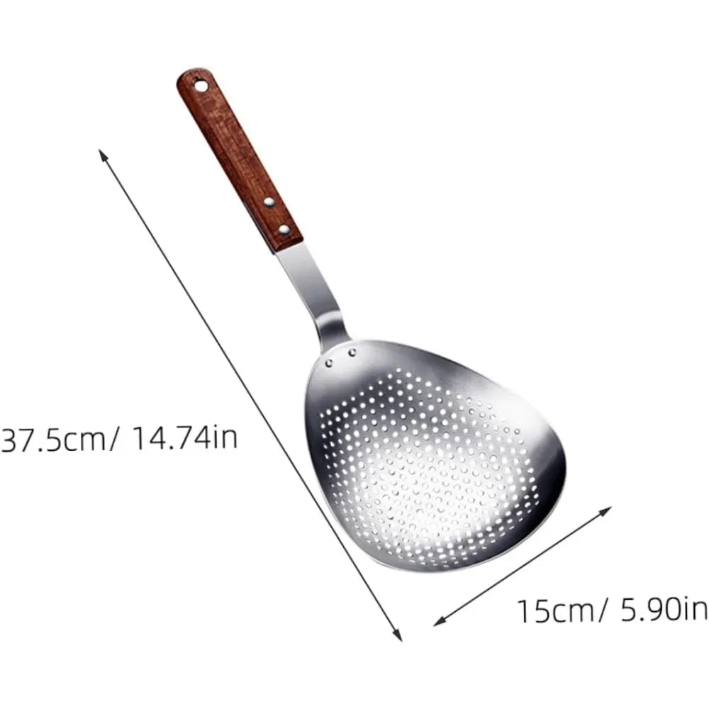 Stainless Steel Slotted Straining Colander Wooden Handle Kitchen Frying Strainer for Dumplings Pasta and Vegetables Sturdy Cook