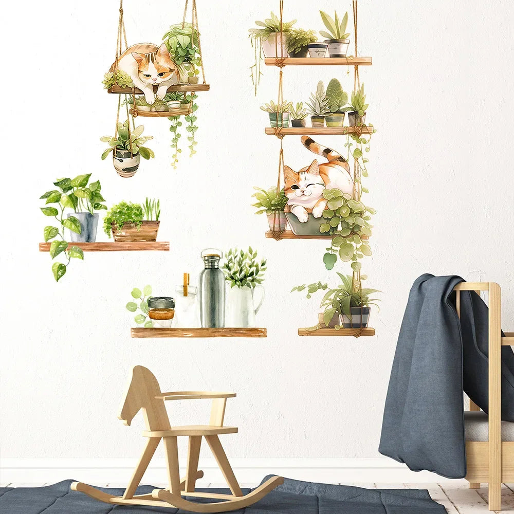 1pcs Painted Cat Green Plant Pot Home Background Wall Decoration Wall Stickers Self-Adhesive