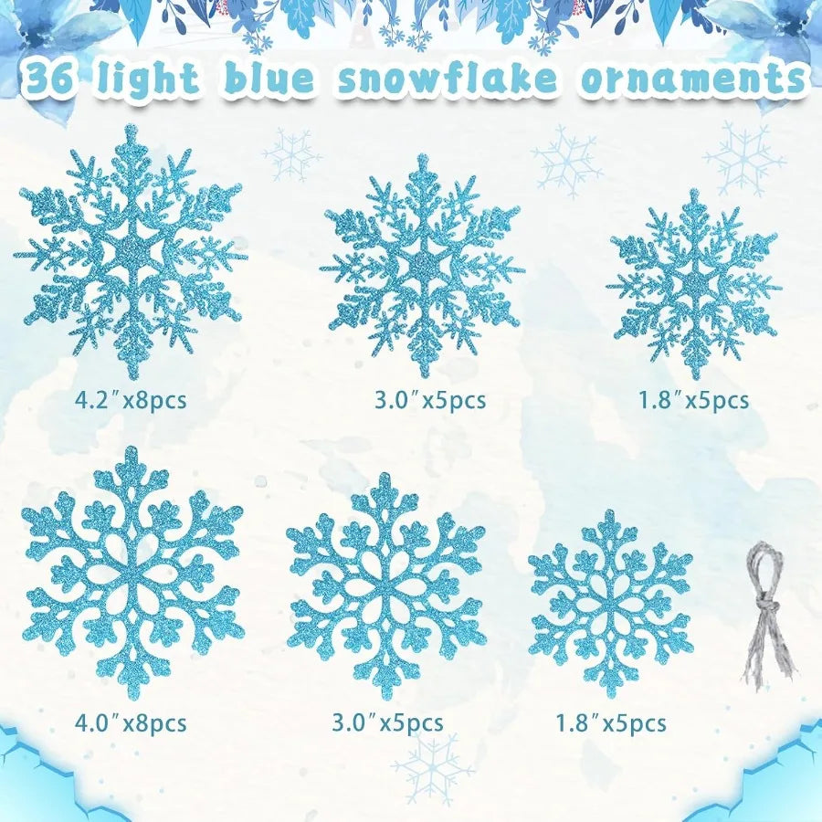 36pcs Christmas Light Blue Snowflake Ornaments Plastic Glitter Snow Flakes Ornaments for Winter Christmas Tree Decorations Size