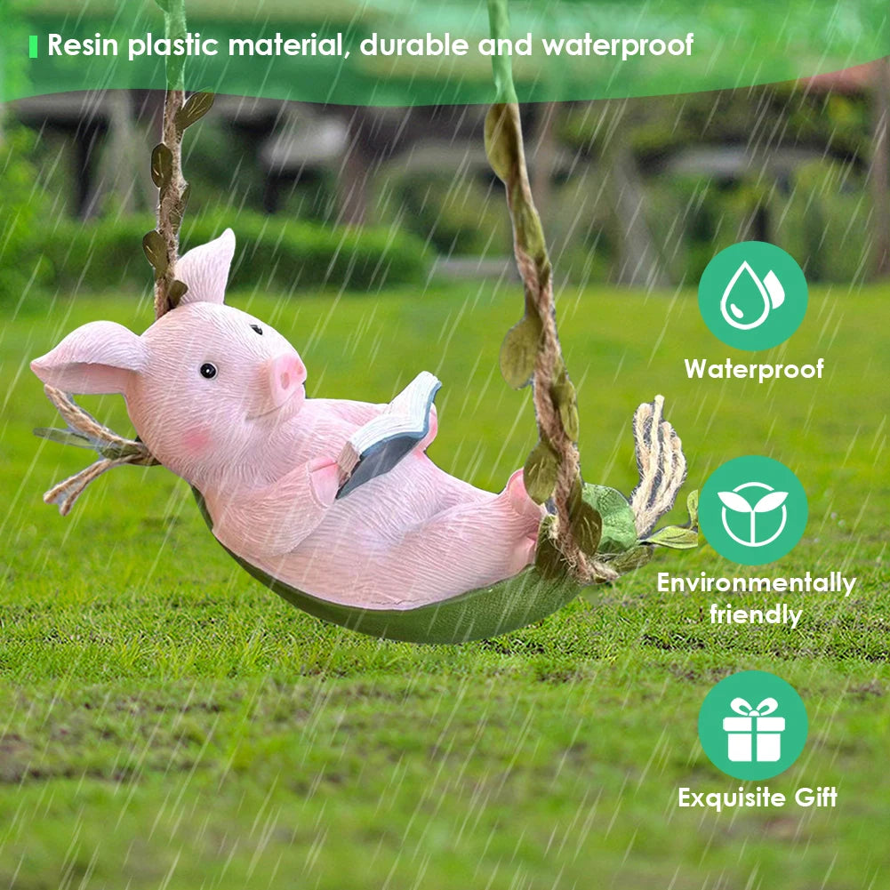 Decorative Piggy Shape Statue Waterproof Pig Swing Sculpture Ornament Lovely Pig Landscape for Outdoor Balcony Patio Tree Decor