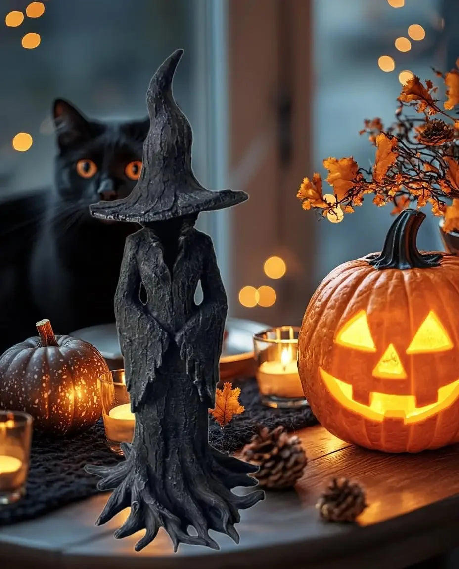 Cracker Barrel Witch Statue Gothic Halloween Resin Figurine Retro Magician Decor, Dark Fantasy Ornament, Festival Collectible