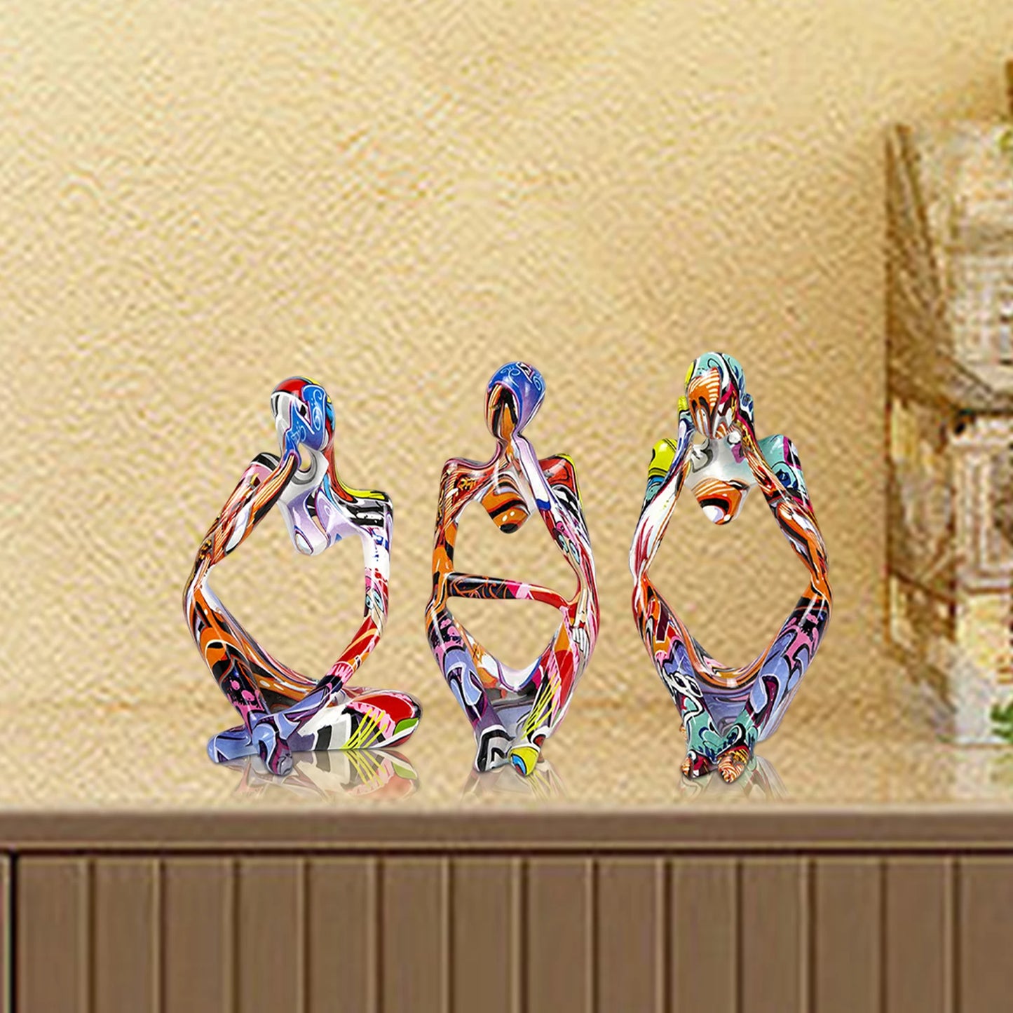 3pcs Thinker Statues Art Graffiti Resin Abstract Character Figurines Ornaments Handicraft Home Decor for Living Room