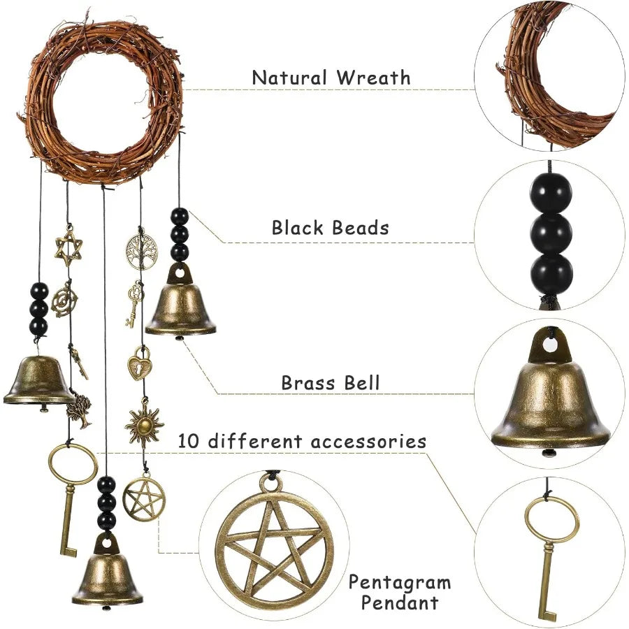 2 Pieces Witch Protection Door Hangers Wind Chimes Wreath Handmade Hanging Bells Wiccan Magic for Home Doorknob Witchcraft Drat