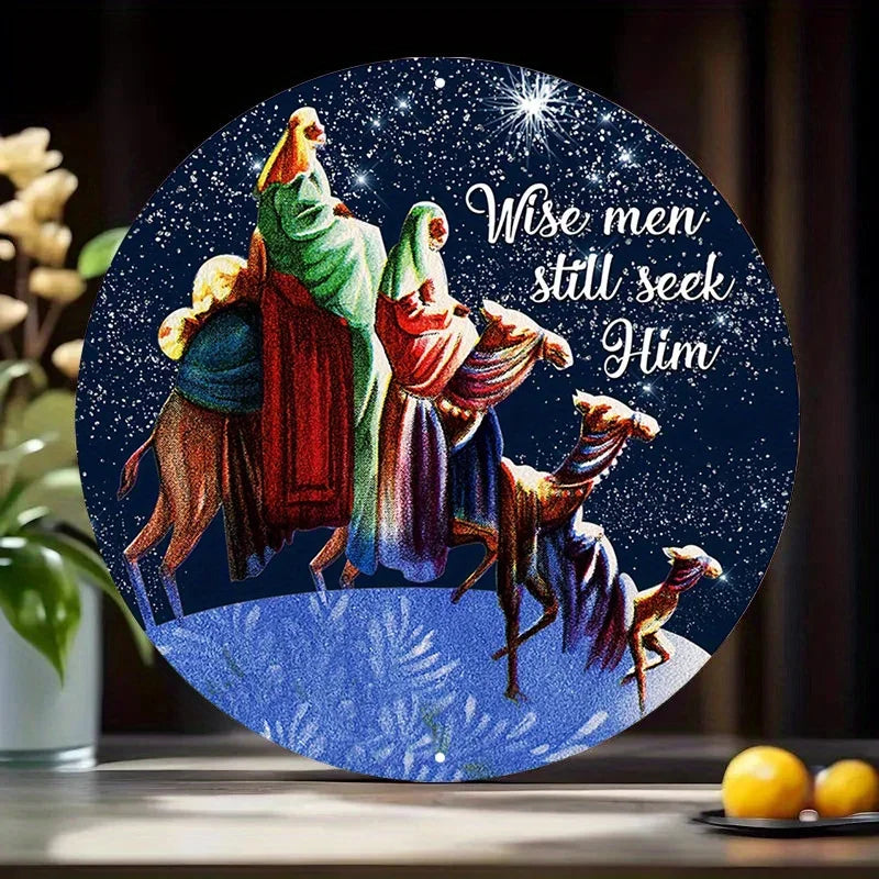 1PC Round Nativity Scene Metal Wall Art -2D "Wise Men Still Seek Him"Vintage Religious Sign|Retro Holiday Plaque for Home,Church