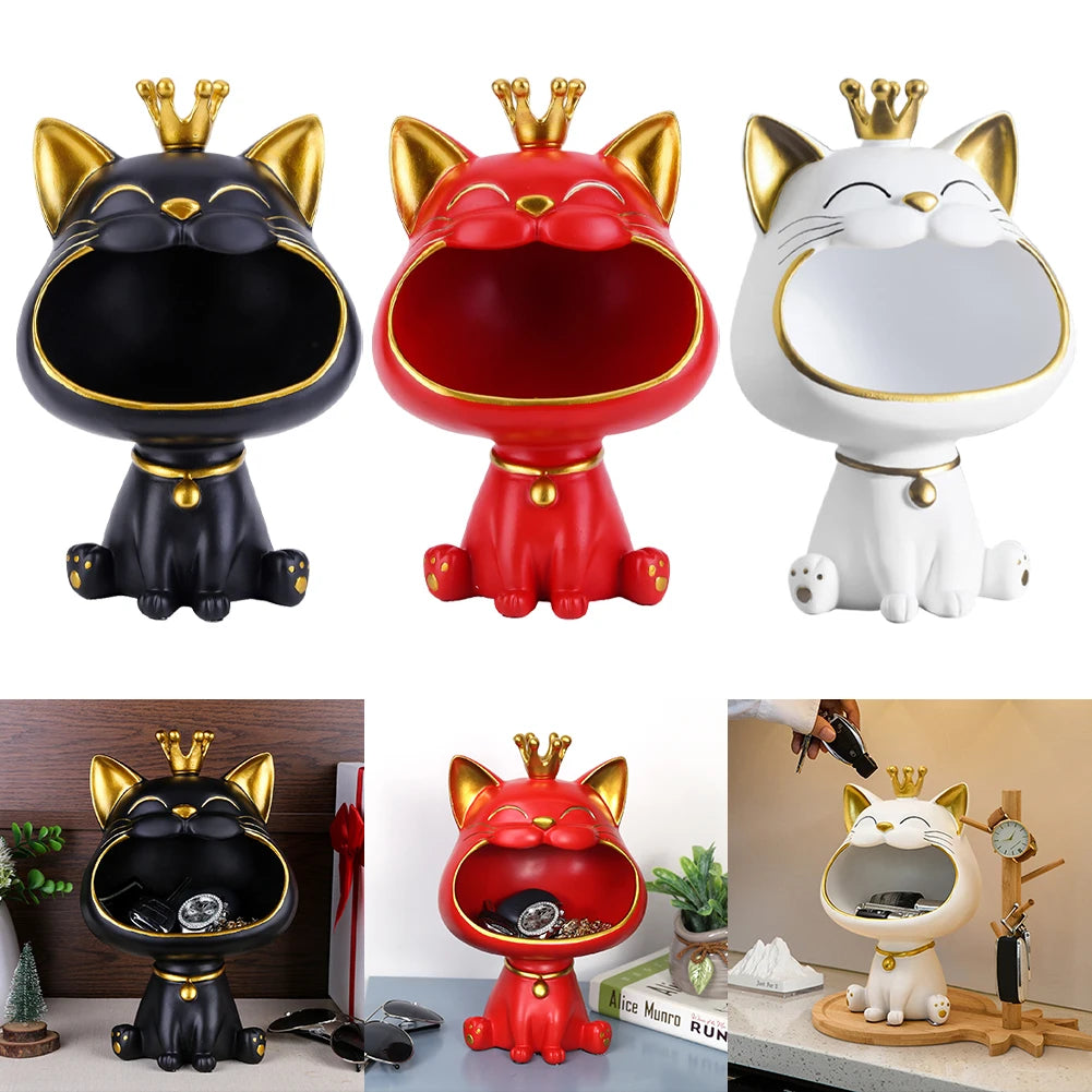 Lucky Cat Statue Decoration Resin Big Mouths Cat Statue Creative Small Items Container Cute Desktop Storage Accessories