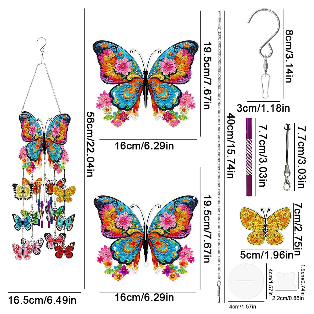 Double Sided Flower Butterflies Hanging Crystal Chime Ornament Wind Chimes DIY Diamond Kits for Garden Window Decor