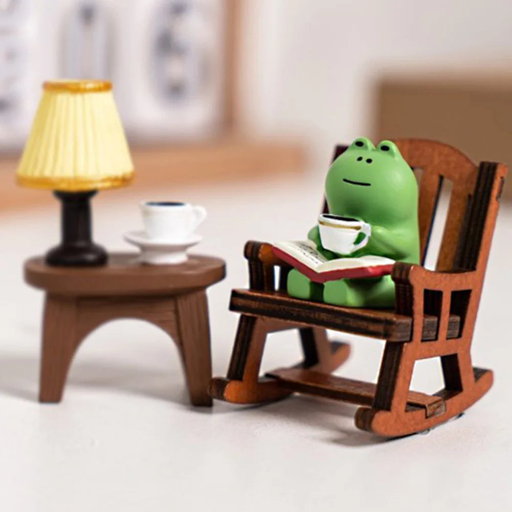 Handmade DIY Micro Rocking Chair Rocking Chair Design with Book Coffee Cute Frog Fat Miniature Home Bedroom Office Decoration