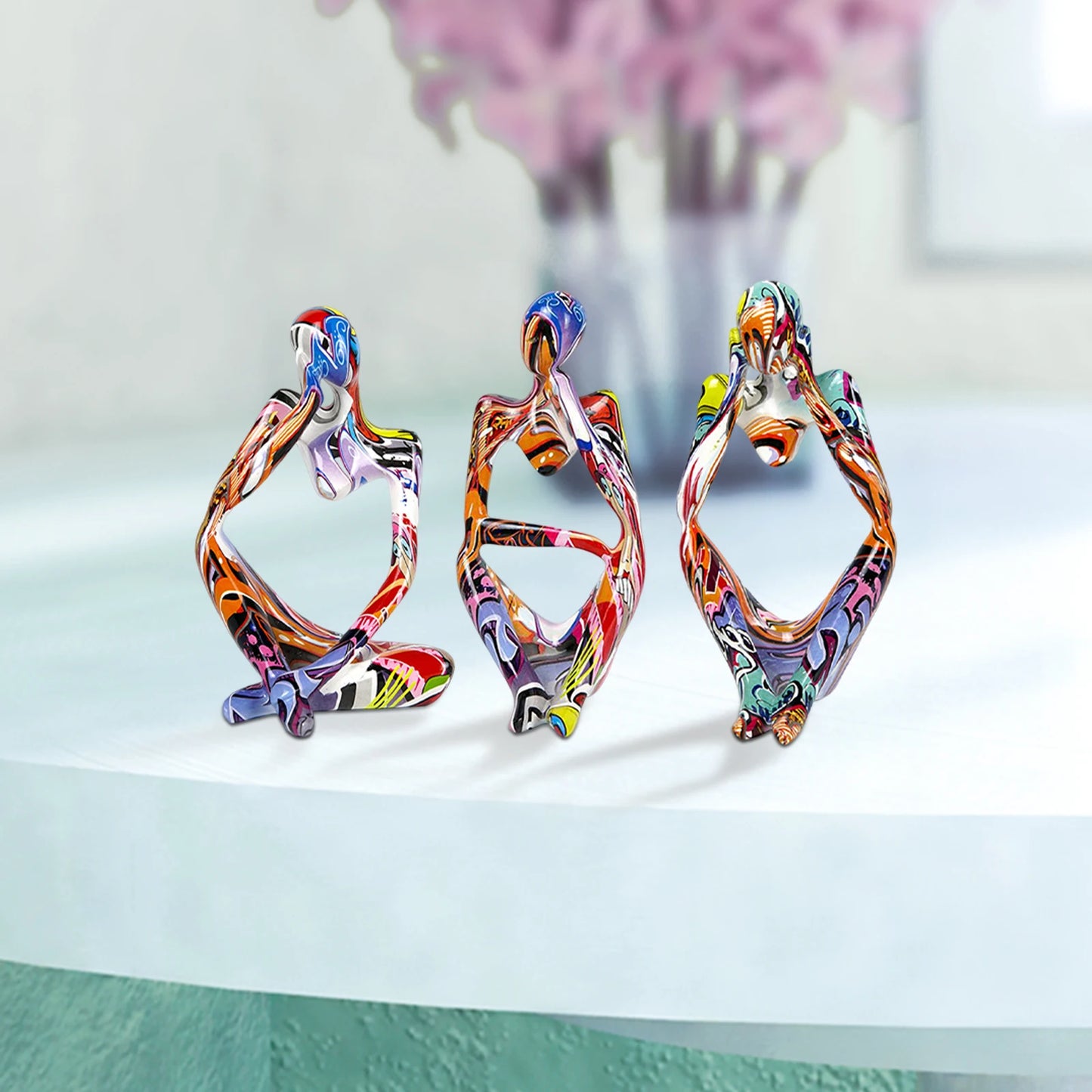 3pcs Thinker Statues Art Graffiti Resin Abstract Character Figurines Ornaments Handicraft Home Decor for Living Room
