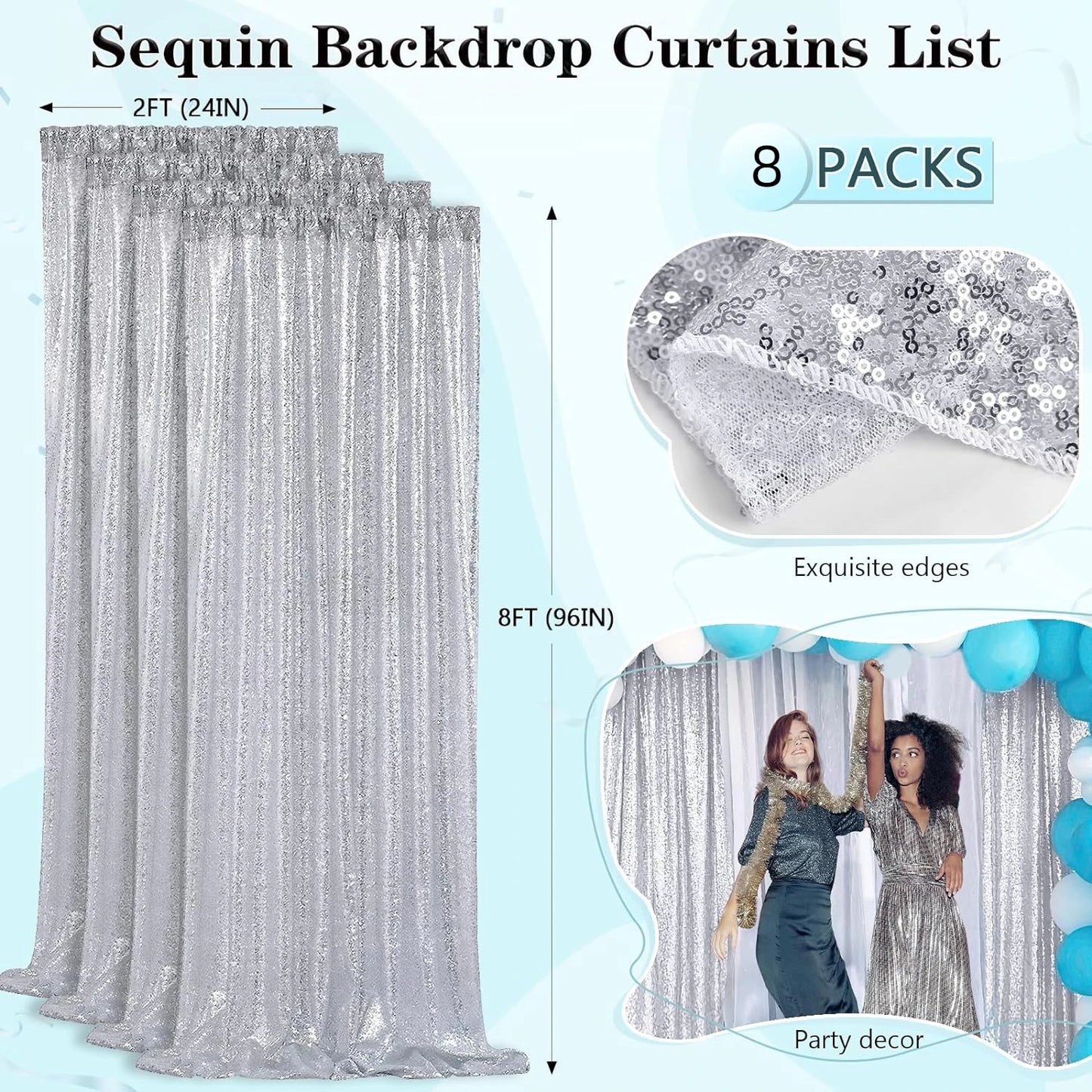 Silver Sequin Backdrop Curtains 8 Panels 2FTx8FT Wedding Photo Backdrop Glitter Birthday Bridal Party Curtains Sparkle Backgroun