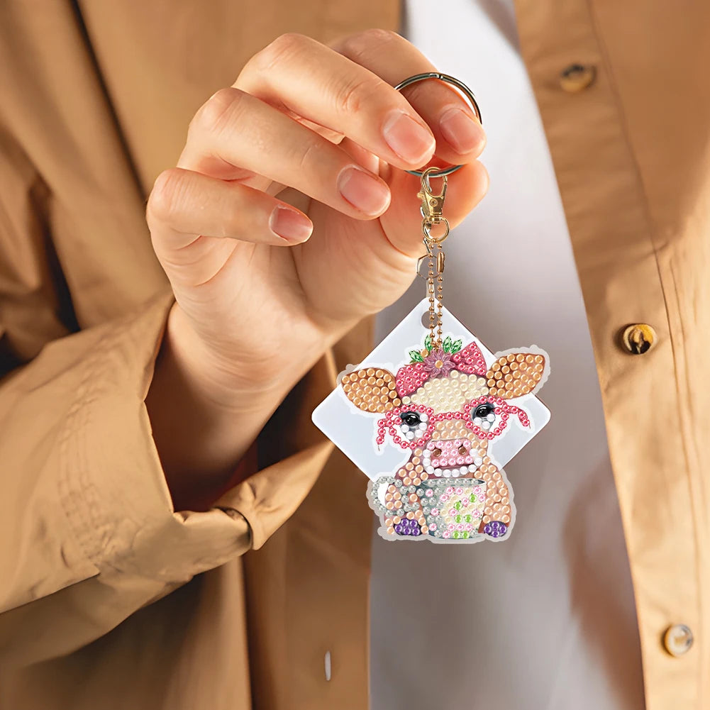 6PCS Double Sided Diamond Art Keyring Baby Elephant Rhinestone Painting Keychain Pendant Puppy for Adult Kid Purse Handbag Decor